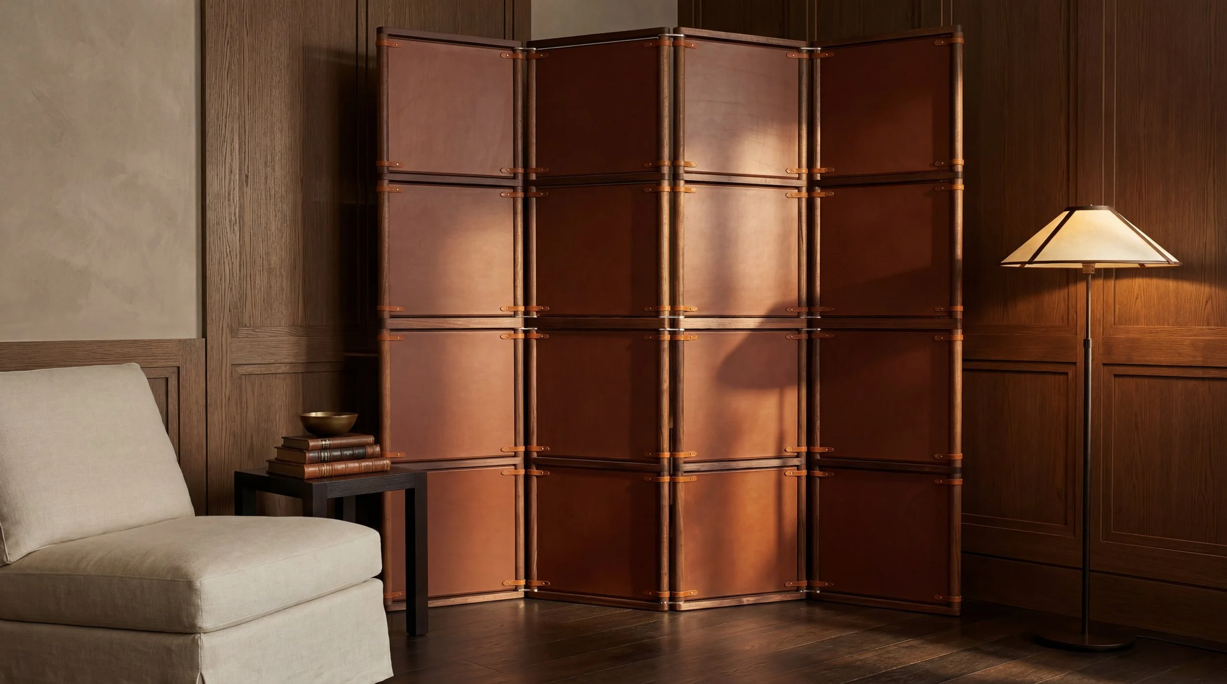 BORDERS at BALCONY 定価5万 ラッフルジャンプスーツ 36 Lambert Folding Screen — Campaign Room Divider in Hardwood and